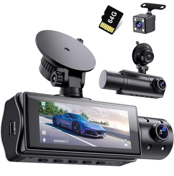 1080 WiFi Dash Cam Front and Rear Inside, 1080P FHD 3 Channel Dash Camera