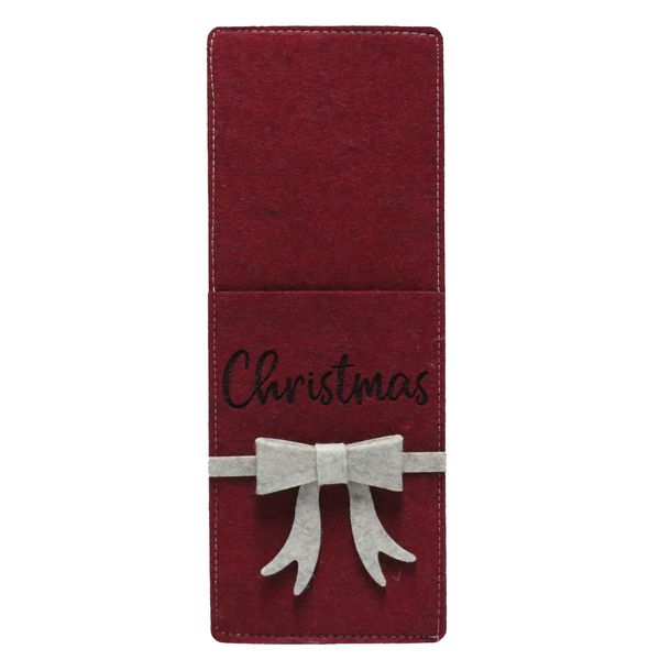 4PC Cutlery Bag Red with Grey Bow 115x303x15mm Felt - Festive Table Decor