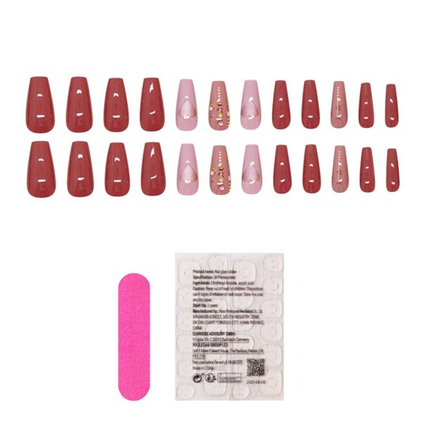 24 Piece Medium Coffin Shape 3D Heart Decor Press-On Nail Set - Wine Red