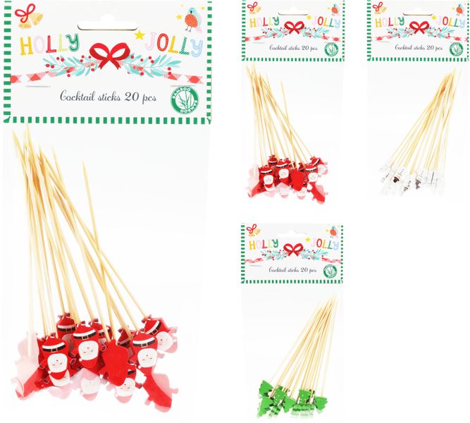 60PC Christmas Bamboo Cocktail Sticks - 3 Assorted Festive Designs -12cm