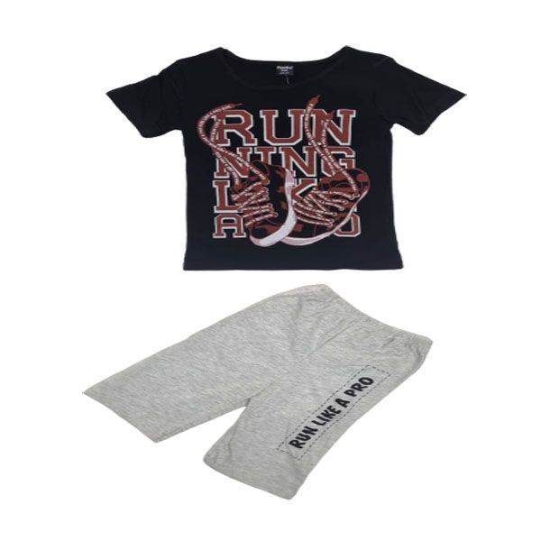 Little People Shop - Boys Grey Shorts and Printed Black Top- Casual Set
