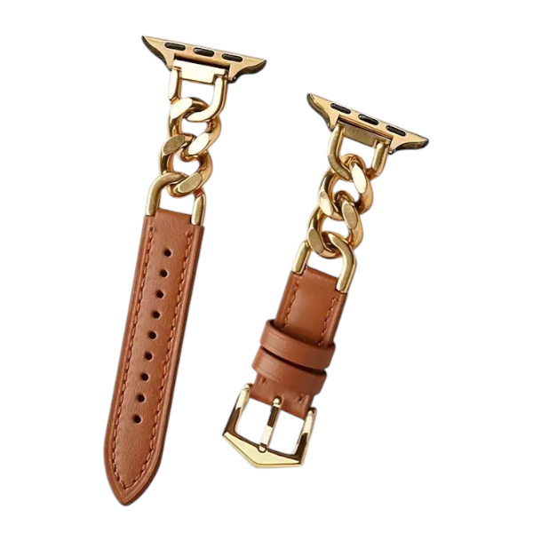 PU Leather &amp; Gold Chain Strap for Smartwatches - 42/44/45/49mm - Brown