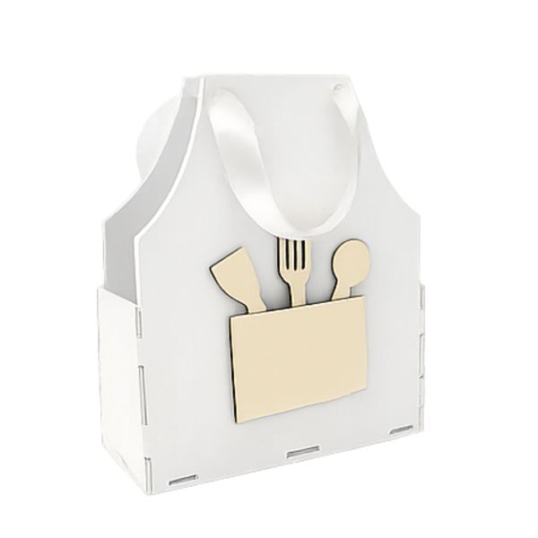 Laser-Cut Wooden Kitchen Holder / Gift Bag - Apron Design White
