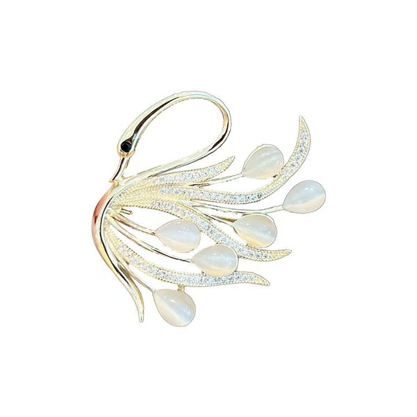 Golden Opal Feather Rhinestone Brooch