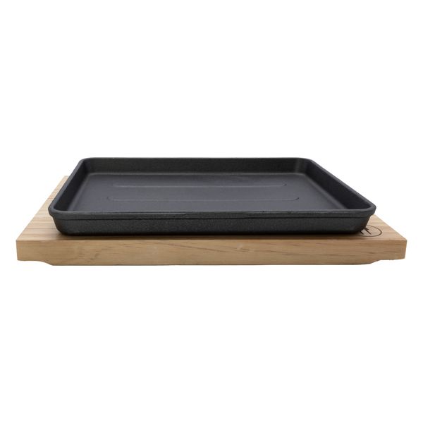 Regent Cookware Cast Iron Rectangular Platter on a Wooden Board, (270x180x35mm)