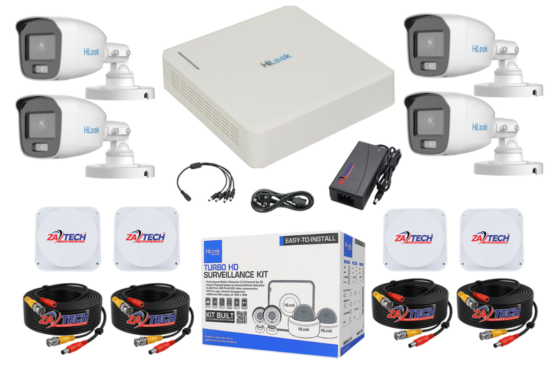 HiLook 4-Ch ColorVu CCTV Kit with Zatech Junction Boxes &amp; ready-made Cables