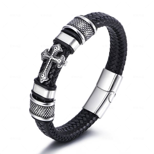 Simple Braided Leather Stainless Steel Cross Mens Bracelet Cuff Jewelry