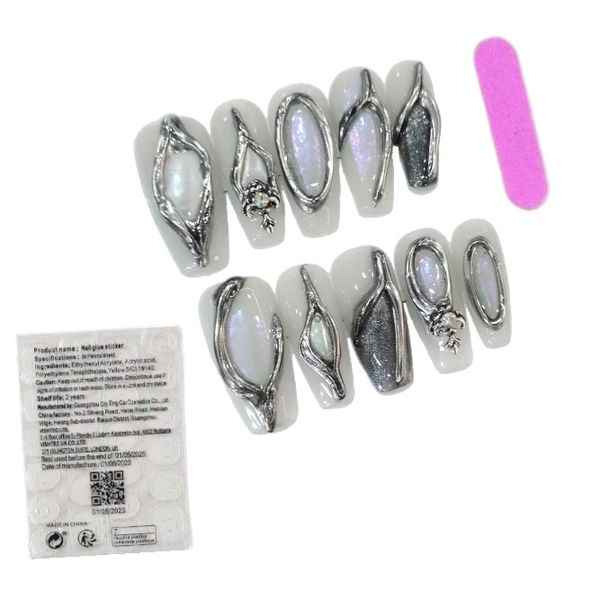 10 Piece - Chrome Accent Iridescent Coffin Press-On Nails