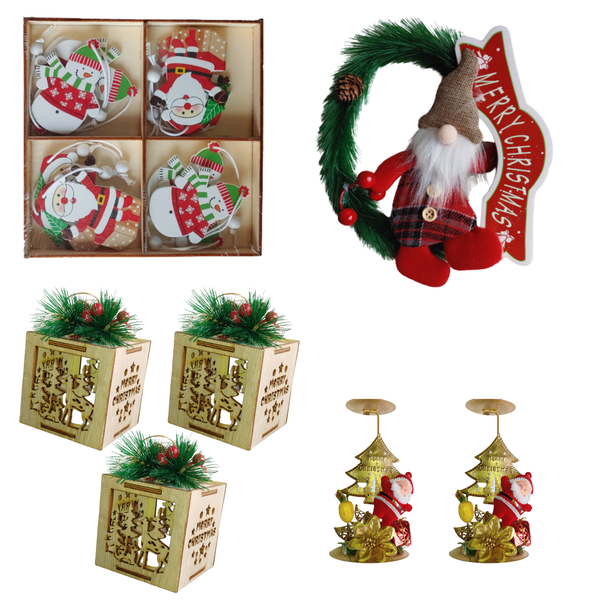 Christmas Decoration Combo With Two Santa Candle Holders &amp; Pine Tree Hoop