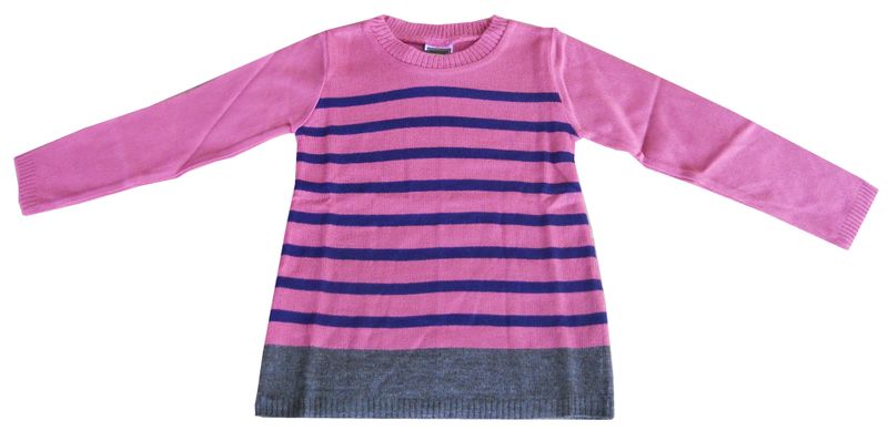 Cute Pink Girl's Sweater with Navy Stripes and Grey Hem, Long Sleeves