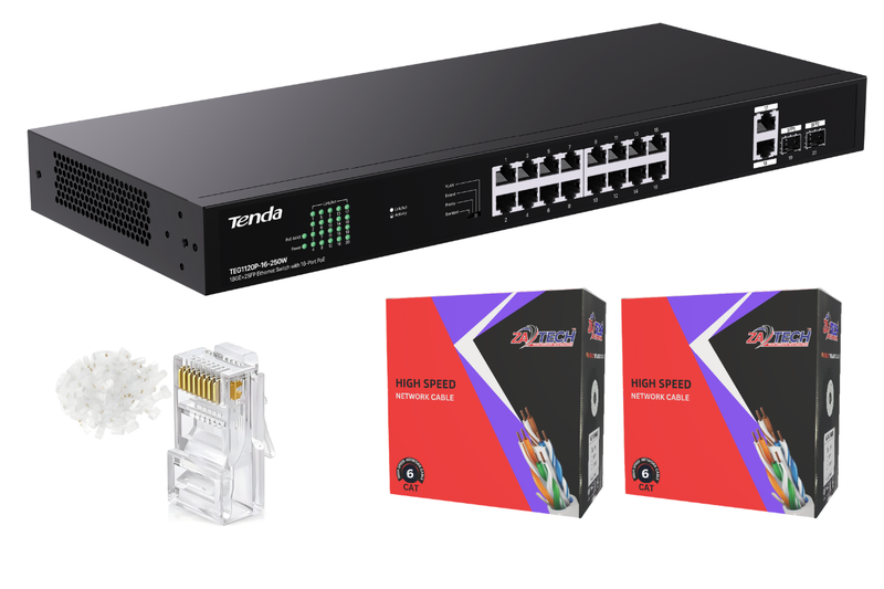 Mega PoE Power Tenda 18GE+2SFP - 16-Port PoE + 2x 100M CAT6 + 100 RJ45