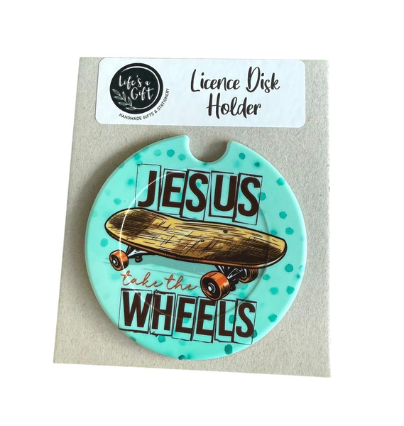 Licence Disk Holder - Jesus take the Wheels with Skateboard