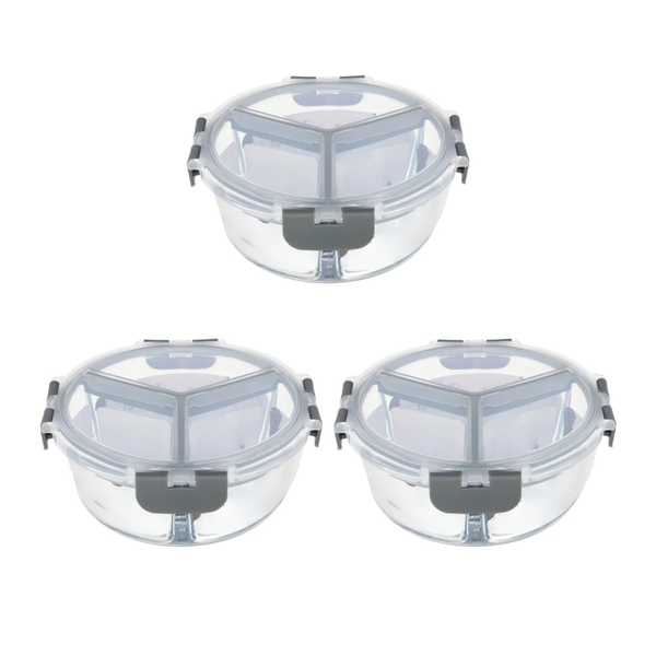 850ml Round Split Compartment Heat-Resistant Glass Food Container - 2 Pack