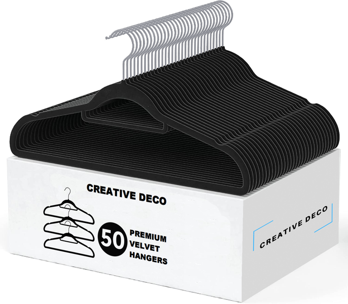 Creative Deco 50 Pack Velvet Hangers - Non-Slip - Black with Silver Hooks