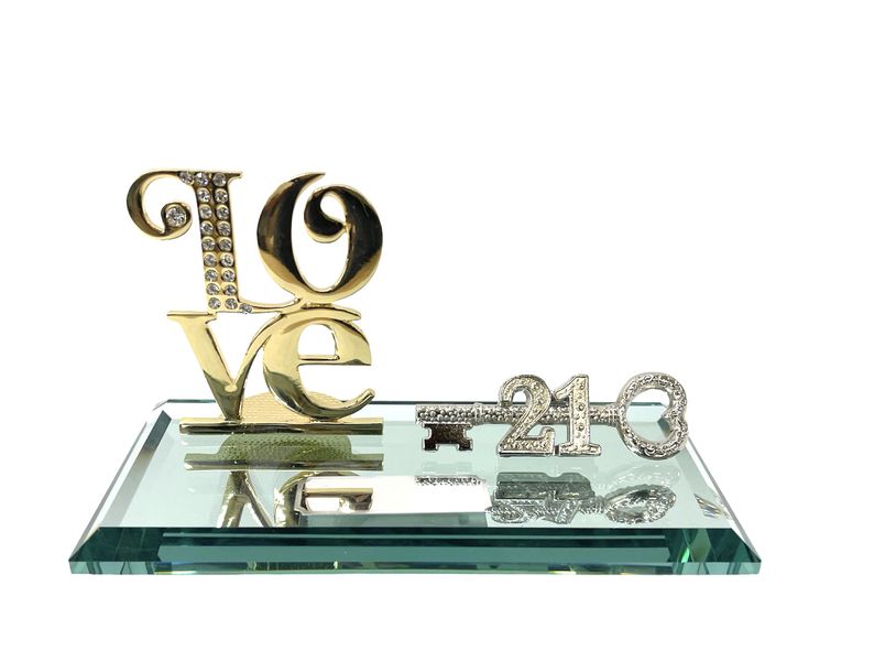 21st Key on Glass Mirrorbase with Diamante Love