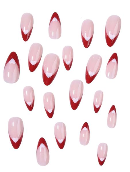 French-Tipped &amp; Heart Pattern Almond-Shaped Press-On Nail Set