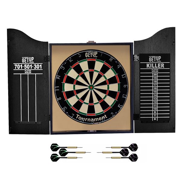 Getup Tournament Dartboard with Cabinet Includes 6x18g Steel Darts