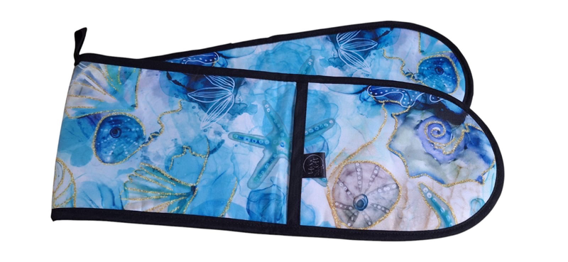 Life's a Gift Heat-Resistant Oven Glove/Mitt - Sea Shell Patterns on Blue Marble