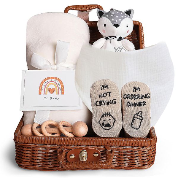 Baby Gift Hamper-Blanket Newborn Socks Wooden Rattle &amp; Greeting Card-white