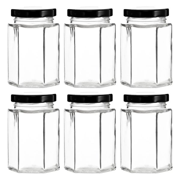 Regent 730ml Glass Hexagonal Jar With Black Lid 6 Pack (120X110X110Mm)