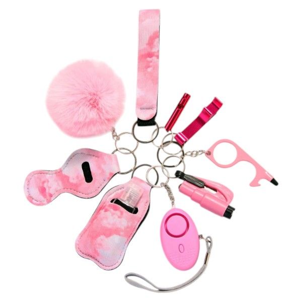 8 Piece -All-Inclusive Safety Keychain With Safety Alarm &amp; LED Light - Pink