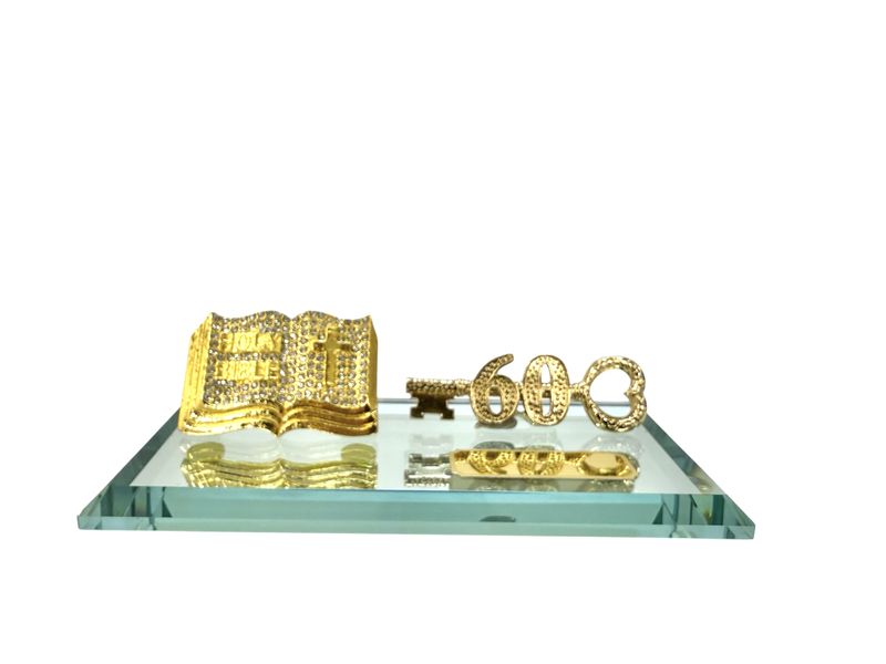 60th Key Diamante Holy Bible on Glass Mirror Base