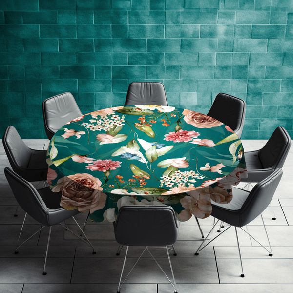 Mix Of Maroon Flowers on Teal Round Tablecloth by Mark van Vuuren