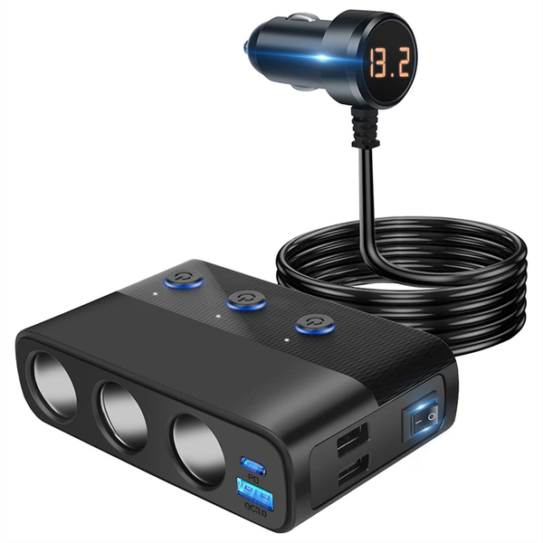 7 in 1 Car Charger Splitter, 3 Socket Power 12/24V, Voltage Display