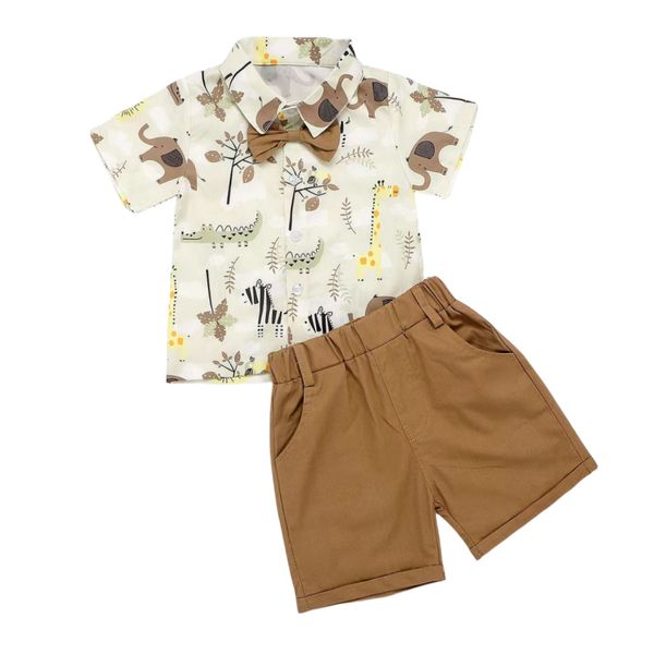 Kids' Giraffe Animal Set - Short-Sleeve Shirt with Bow Tie &amp; Brown Shorts
