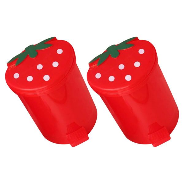 Mini Desktop Trash Bin 2 Pcs 10x9x10.5cm Red Cartoon Strawberry Shape Small