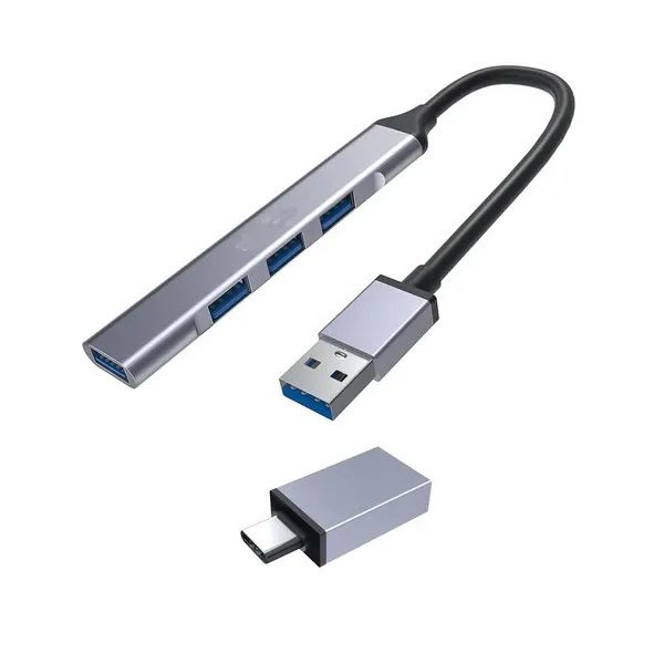 USB 3.0 Male to 4 Port Female USB Hub With Type C OTG Light Silver (White)