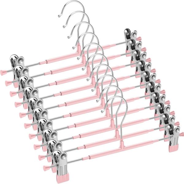 10 Pack Pink Metal Trouser Hangers Skirt Hanger with 2 Non-Slip Clips