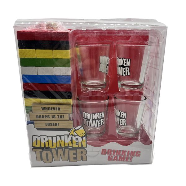 Tumbling Tower Drinking Games with 4 Glasses and 60 Wooden Blocks