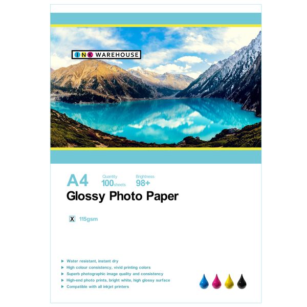 INKWAREHOUSE A4 Single Sided Glossy Photo Paper 100 Sheets 115 gram