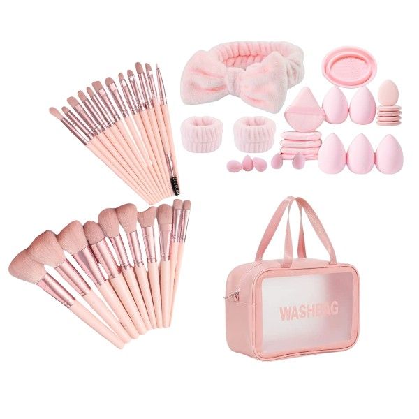 47 Piece Makeup Brush Set With Makeup Tools &amp; Cosmetics Bag - Light Pink