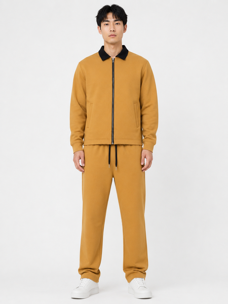 Premium Cotton Tracksuit Set with Black Collar Jacket and Pants - Tan