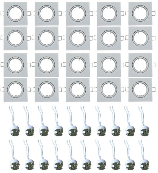 Swivel Square Down Light Fittings &amp; MR16 Down Light Base Socket - 10 Pack
