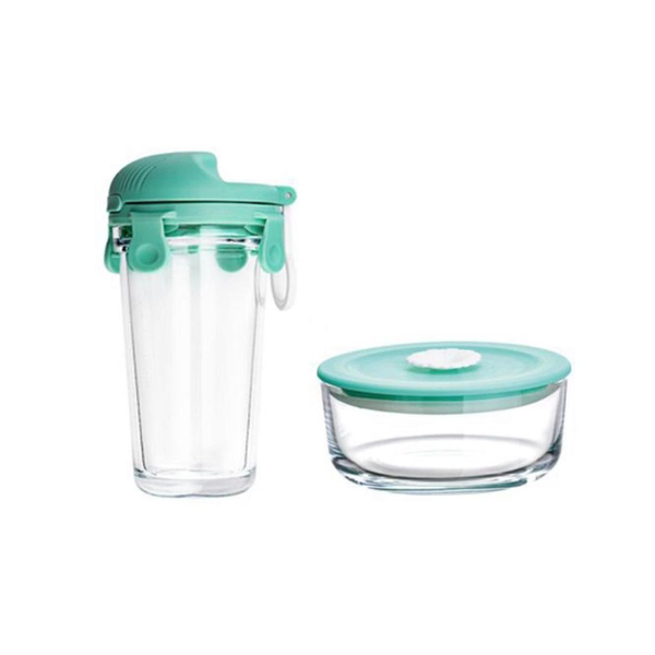 Set Of 2 Pcs Food Preserving Container Glass Jar &amp; Glass Cup - Mint Green