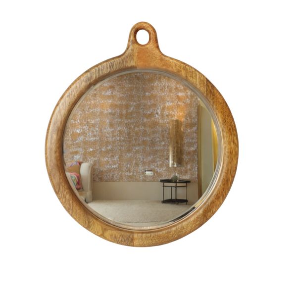 Round Mango Wood Mirror With Loop For Hanging - 26x1.5cm