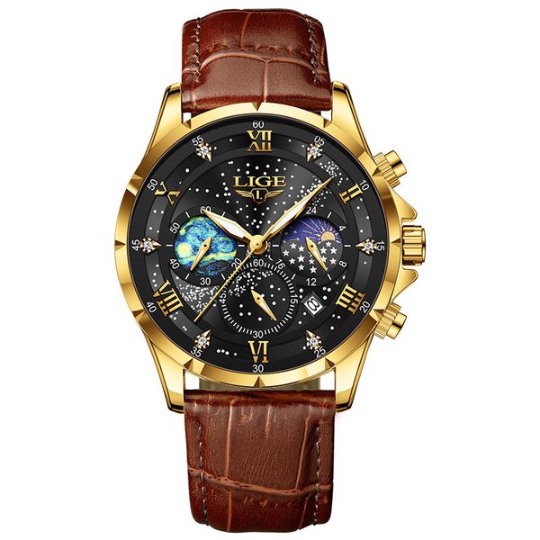 LIGE Business Luxury Leather Strap Moon Phase Men's Watch