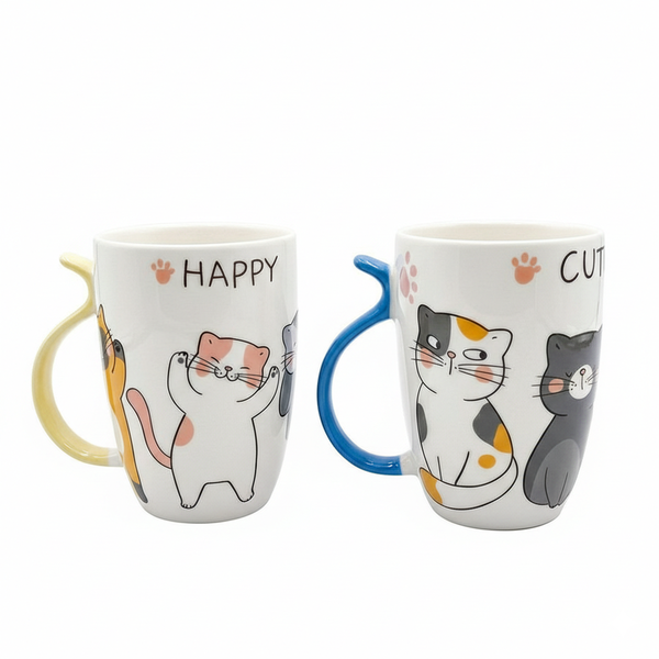 2 Pieces Cute Ceramic Cat Coffee Mugs in Mixed Colors