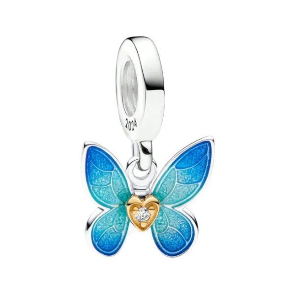 S925 Sterling Silver Butterfly Charm With Gradient Enamel Wings - Blue