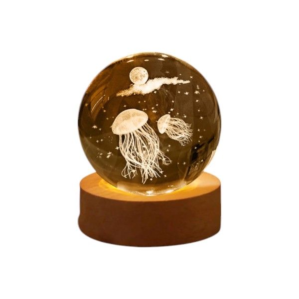 Crystal Jellyfish Design Night Light With Wooden Base - Multi Colour