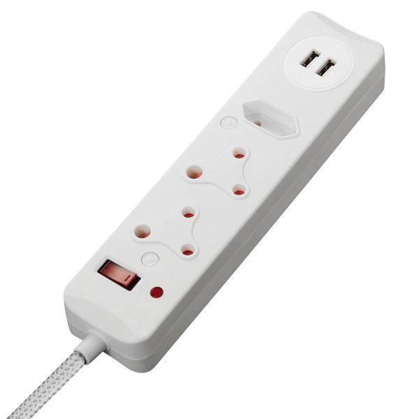 Switched 3-Way Multiplug with 2.4A USB Ports, Surge Protection 250V, 16A
