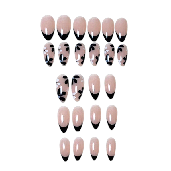 24Pcs French Tip Almond Press-On Nails With Floral Accents - Black/White