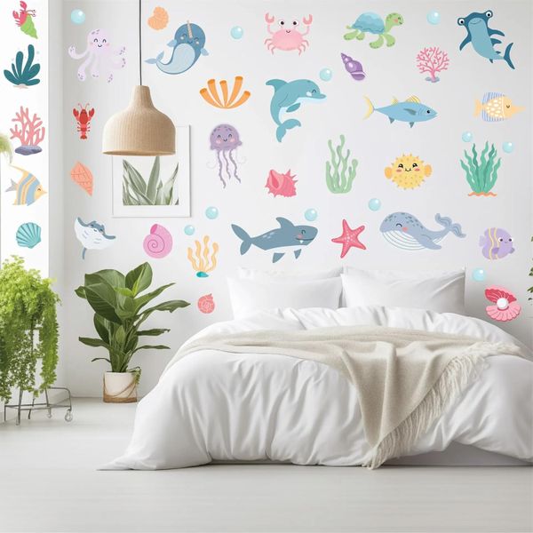 Colorful Ocean Life Wall Sticker, Girls Boys Waterproof Decoration - 5 Sheets