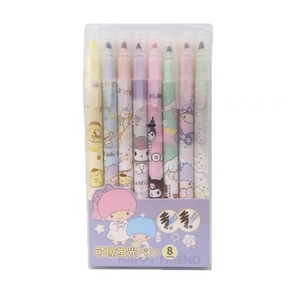 Dual Tip Erasable Highlighters - Happy Friends - Pack of 8 Assorted Colours