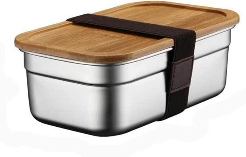 Lunch Box With Wooden Lid And Wooden Cutlery