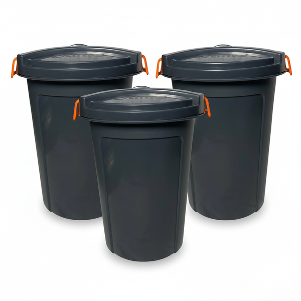 SMTE - 3 Pack 75L Heavy Duty Plastic Bins with Secure Lids &amp; Handles - Grey