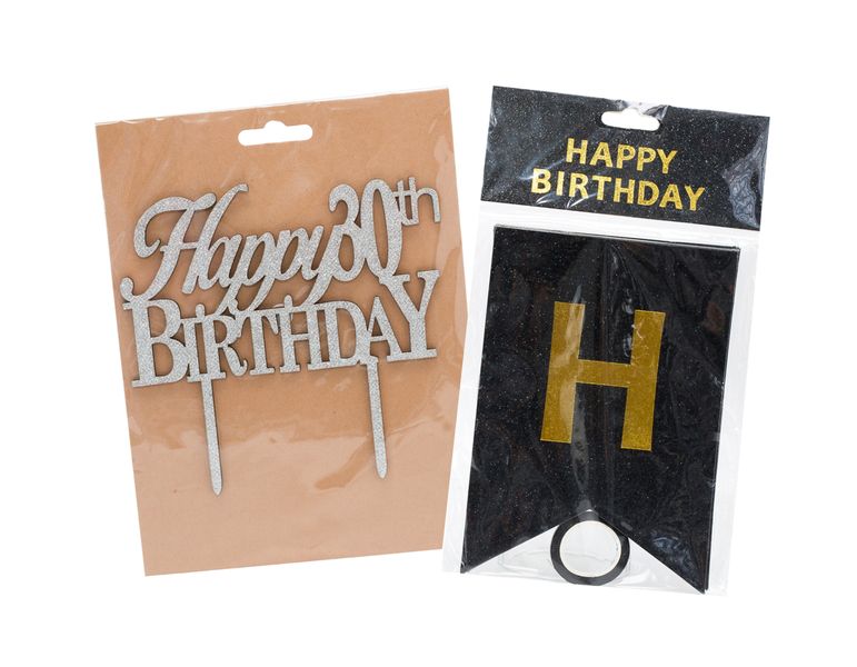 Silver 30th Bday Cake Topper &amp; Happy Birthday Banner -Black &amp;Gold letters